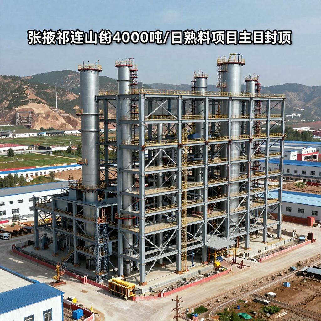 张掖祁连山4000t/d熟料项目窑尾框架封顶 张掖祁连山4000t/d熟料项目窑尾框架封顶