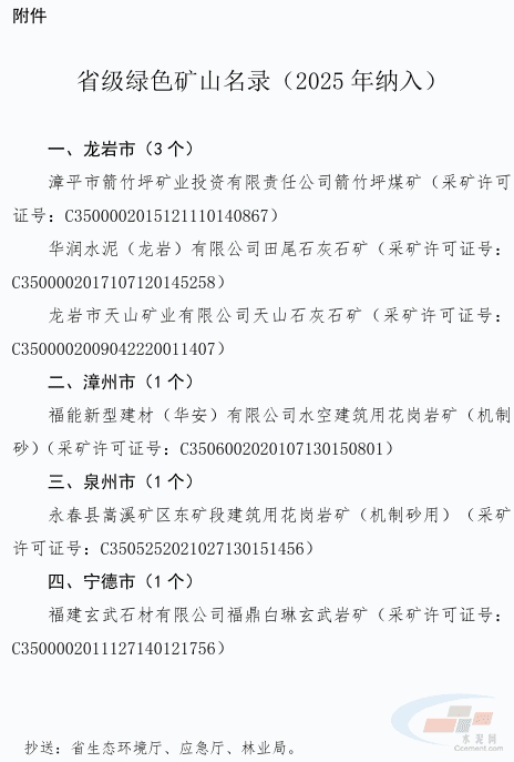 福建省更新2025年省级绿色矿山名录 6家矿山通过遴选(图2)